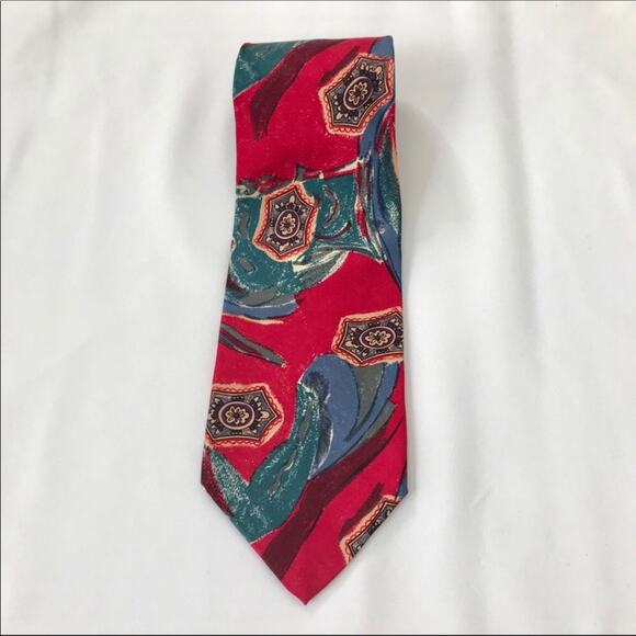 Robert Talbott Red Blue Teal Tie Silk Hand Sewn Abstract Design - Picture 1 of 4
